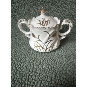 Vintage Lefton China Gold Wheat Sugar Bowl with Lid NE20595 Hand Painted 22k